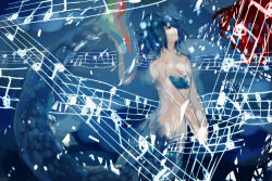 Rule 34 | 10s, 1girl, bandeau, blue hair, comb (suz), fins, fish tail, highres, long hair, mahou shoujo madoka magica, mahou shoujo madoka magica (anime), mermaid, miki sayaka, monster girl, musical note, own hands together, red hair, scales, solo focus, tail, underwater