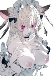 Rule 34 | 1girl, ?, animal ears, bare shoulders, black choker, blue tongue, breasts, bukurote, choker, colored skin, colored tongue, cum, cum on body, cum on breasts, cum on upper body, facial, feather hair, frills, grey hair, hair between eyes, highres, large breasts, long hair, looking at viewer, maid headdress, nipples, original, pale skin, pink eyes, sidelocks, simple background, solo, tongue, tongue out, upper body, very long hair, white background, white skin