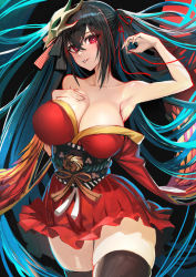 Rule 34 | 1girl, absurdres, ahoge, azur lane, bare shoulders, black background, black hair, black thighhighs, breasts, cleavage, crossed bangs, hair ornament, hand on own chest, highres, japanese clothes, kaki z3, kimono, large breasts, long hair, obi, red eyes, red kimono, red ribbon, ribbon, sash, taihou (azur lane), thighhighs, twintails