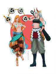 Rule 34 | 2girls, arm tattoo, arm up, armlet, artist name, baggy pants, bare shoulders, boots, breasts, chain, club, club (weapon), commentary, cosplay, curled horns, enel (cosplay), full body, green hair, grey hair, hair ornament, hair stick, hand in pocket, hand on own hip, hand up, height difference, high ponytail, highres, horns, jewelry, k164, kaidou (one piece) (cosplay), kanabou, large breasts, log pose, long hair, multicolored hair, multicolored horns, multiple girls, nami (one piece), navel, neck tattoo, one piece, oni, orange hair, orange horns, over shoulder, pants, pocket, red horns, rope, shimenawa, spiked armlet, spikes, sports bra, standing, standing on one leg, stomach, stomach tattoo, symbol-only commentary, tattoo, tiptoes, toes, two-tone hair, weapon, weapon over shoulder, yamato (one piece)
