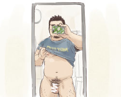 Rule 34 | 1boy, bara, belly, bottomless, clothes lift, facial hair, fat, fat man, feet out of frame, flaccid, goatee, leg hair, male focus, male pubic hair, mature male, mirror image, muscular, muscular male, navel, navel hair, nipples, original, penis, pubic hair, scribble, shirt lift, short hair, sideburns, solo, stomach, suv (suv032), taking picture, thick eyebrows, thick thighs, thighs, underpec