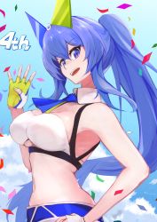 Rule 34 | 1girl, :d, azur lane, bad id, bad pixiv id, bandeau, bare shoulders, blue eyes, blue hair, blue necktie, blue sky, breasts, chest belt, cleavage, clothing cutout, cloud, commentary request, confetti, cowboy shot, day, detached collar, fake horns, fingerless gloves, gloves, hair between eyes, hand on own hip, hand up, highres, horns, large breasts, long hair, looking at viewer, marshall k, midriff, navel, necktie, new jersey (azur lane), official alternate costume, open mouth, partial commentary, short necktie, short shorts, shorts, sidelocks, sky, smile, solo, standing, teeth, underboob, underboob cutout, upper teeth only, very long hair, white bandeau, white shorts, yellow gloves