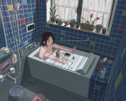 1girl amamoto_air bar_soap bath bathtub black_hair breasts cellphone commentary cup_ramen hair_ornament hairclip highres original phone plant potted_plant short_hair solo tile_wall tiles water