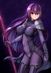Rule 34 | &gt;:|, 1girl, :|, armor, bodysuit, breasts, closed mouth, covered erect nipples, covered navel, cowboy shot, fate/grand order, fate (series), gae bolg (fate), hair between eyes, hassen (8cm), holding, holding weapon, large breasts, long hair, looking at viewer, pauldrons, polearm, purple bodysuit, purple hair, red eyes, scathach (fate), shoulder armor, solo, spear, v-shaped eyebrows, weapon