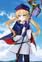 Rule 34 | 1girl, artoria caster (fate), artoria caster (second ascension) (fate), artoria pendragon (fate), belt, blonde hair, blue belt, blue cape, blue capelet, blue gloves, blue hat, blue sky, buttons, cape, capelet, cloud, double-breasted, fate/grand order, fate (series), gloves, green eyes, hat, highres, holding, holding staff, long hair, long sleeves, multicolored capelet, red capelet, rizu033, sky, solo, staff, standing, twintails