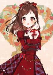 Rule 34 | 1girl, 6crcg, :o, antenna hair, apple, blush, bow, brown hair, candle, christmas ornaments, detached collar, dress, food, fruit, hair bow, highres, holding, holding candle, idolmaster, idolmaster cinderella girls, long hair, looking at viewer, ponytail, red dress, solo, tsujino akari