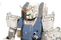 Rule 34 | aron e, bullet hole, commentary, glowing, glowing eye, green eyes, ground gundam, gundam, gundam 08th ms team, highres, mecha, mecha focus, mobile suit, no humans, robot, science fiction, shield, simple background, solo, turning head, upper body, v-fin, white background