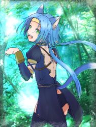Rule 34 | 1girl, animal ears, ass, blue hair, cat ears, cat tail, green eyes, highres, jewelry, kazuwaya, long hair, looking at viewer, low twintails, meracle chamlotte, open mouth, panties, smile, solo, star ocean, star ocean the last hope, tail, thighhighs, tree, twintails, underwear