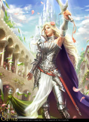 Rule 34 | 1girl, armor, armored boots, artist name, blonde hair, boots, castle, cloud, copyright name, curly hair, dated, day, faceless, faceless male, flag, flower, gloves, hair flower, hair ornament, holding, holding sword, holding weapon, leaf, legend of the cryptids, long hair, official art, outdoors, petals, sky, solo, solo focus, sword, tatiana kirgetova, teeth, tree, weapon