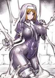Rule 34 | 1girl, blonde hair, blush, bodysuit, breasts, covered navel, covered erect nipples, female focus, habit, impossible bodysuit, impossible clothes, impossible leotard, leotard, nipples, nun, rindou (radical dream), thick thighs, thighs, wide hips