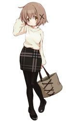 Rule 34 | 1girl, absurdres, arm behind head, arm up, bag, blush, brown eyes, brown hair, contrapposto, flats, hair ornament, head tilt, hidamari sketch, highres, holding, holding bag, looking at viewer, mary janes, pantyhose, pencil skirt, percy pyl, plaid, plaid vest, shoes, short hair, simple background, skirt, solo, sweater, sweater tucked in, vest, white background, white sweater, x hair ornament, yuno (hidamari sketch)