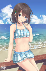 Rule 34 | 1girl, bare arms, bare shoulders, beach, bikini, bikini skirt, blue eyes, blue sky, brown hair, cloud, cloudy sky, collarbone, cowboy shot, day, hair ornament, hairclip, halterneck, hand up, holding, horizon, looking at viewer, midriff, miko fly, navel, ocean, original, outdoors, popsicle stick, short hair, sidelocks, signature, sitting, sky, solo, swimsuit, thighs, water