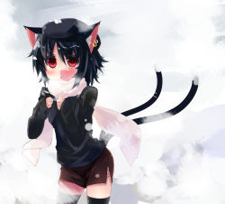 Rule 34 | 1girl, animal ears, black hair, cat ears, cat girl, cat tail, chen, earrings, female focus, hat, jewelry, multiple tails, red eyes, scarf, shin (new), skirt, snow, solo, tail, thighhighs, touhou, winter