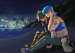 Rule 34 | 2boys, absurdres, animal, beach, black hair, black shirt, blue eyes, blue footwear, blue hair, blue jacket, boots, bridge, brown footwear, bruno (yu-gi-oh!), cat, city, city lights, facial mark, facial tattoo, facing to the side, fudo yusei, green pants, hand on another&#039;s back, hand on own head, hand on own face, highres, hill, jacket, knee pads, long sleeves, looking at another, looking to the side, male focus, multicolored hair, multiple boys, night, ocean, on ground, open clothes, open jacket, outdoors, pants, parted lips, sand, shirt, short hair, sitting, skyline, spiked hair, streaked hair, suspension bridge, sweatdrop, tattoo, white jacket, worried, youko-shima, yu-gi-oh!, yu-gi-oh! 5d&#039;s