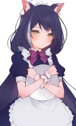 Rule 34 | 1girl, alternate costume, animal ear fluff, animal ears, apron, blush, cat ears, closed mouth, dress, enmaided, green eyes, highres, holding, holding tray, karyl (princess connect!), long hair, low twintails, maid, maid headdress, multicolored hair, peanutc, princess connect!, purple hair, short sleeves, simple background, solo, streaked hair, tray, twintails, white apron, white background, white hair, wrist cuffs