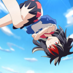 Rule 34 | 1girl, anime coloring, black hair, cato (monocatienus), cloud, crossed arms, day, fang, flying, kijin seija, multicolored hair, no horns, red eyes, sky, slit pupils, solo, streaked hair, tongue, tongue out, touhou, upside-down