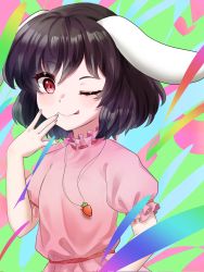 Rule 34 | 1girl, ;p, \||/, animal ears, black hair, dress, highres, inaba tewi, light blush, looking at viewer, one eye closed, pink dress, ptnnfudgbpkvn71, puffy sleeves, rabbit ears, red eyes, short hair, short sleeves, smile, solo, tongue, tongue out, touhou, upper body