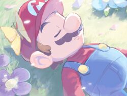 Rule 34 | 1boy, blue flower, blue overalls, bug, butterfly, closed eyes, facial hair, flower, hat, highres, insect, lying, mario, mario (series), mustache, nintendo, on back, on grass, overalls, purple flower, red headwear, red shirt, shirt, super mario galaxy, ya mari 6363, yellow butterfly