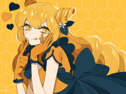 Rule 34 | 1girl, back bow, blonde hair, blush stickers, bow, cone hair bun, curly hair, double bun, dress, gloves, hair bun, hand on own cheek, hand on own face, heart, highres, honeycomb (pattern), honeycomb background, index finger raised, long hair, looking at viewer, maco22, original, short sleeves, smile, solo, tongue, tongue out, very long hair, yellow background, yellow eyes
