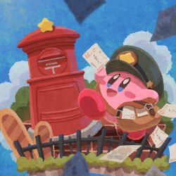 Rule 34 | :d, blue sky, cloud, commentary request, day, fence, hat, highres, holding, holding letter, kirby, kirby (series), letter, mail, mailbag, mailbox (incoming mail), mailman, miclot, nintendo, no humans, open mouth, outdoors, peaked cap, sky, smile, star (symbol)