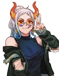 Rule 34 | 1girl, bare shoulders, earrings, feichangkou, gradient hair, green jacket, highres, horns, jacket, jewelry, long hair, multicolored hair, one piece, oni horns, orange-tinted eyewear, ponytail, round eyewear, shirt, sidelocks, sleeveless, sleeveless shirt, smile, solo focus, tinted eyewear, tongue, tongue out, upper body, v, white background, white hair, yamato (one piece)