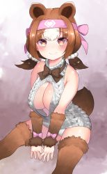 Rule 34 | 10s, 1girl, animal ears, aran sweater, bare shoulders, bear ears, bear tail, blush, bow, bowtie, breasts, brown bow, brown bowtie, brown hair, cable knit, choir (artist), cleavage, cleavage cutout, clothing cutout, commentary request, hair ornament, hair scrunchie, hairband, highres, kemono friends, kodiak bear (kemono friends), large breasts, long hair, looking at viewer, low twintails, multicolored hair, panties, pink eyes, pink hairband, scrunchie, short twintails, sitting, smile, solo, sweater, tail, twintails, two-tone hair, underwear, white hair, white panties, white scrunchie, white sweater