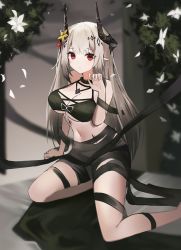 Rule 34 | 1girl, absurdres, arknights, bare shoulders, bikini, black bikini, black collar, black horns, breasts, cleavage, closed mouth, collar, commentary, flower, hair between eyes, hair flower, hair ornament, hand up, highres, horns, infection monitor (arknights), jewelry, kokao358, large breasts, long hair, looking at viewer, material growth, mudrock (arknights), mudrock (silent night) (arknights), navel, necklace, official alternate costume, oripathy lesion (arknights), pointy ears, red eyes, revision, sidelocks, silver hair, sitting, solo, stomach, swimsuit, thighs, underboob, white flower, yellow flower, yokozuwari