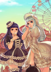 Rule 34 | 2girls, bag, blue eyes, blue hair, blunt bangs, bonnet, bracelet, carnival, carousel, character request, covering face, covering own mouth, covering privates, dress, drill hair, ferris wheel, food, food-themed clothes, food on face, frills, hand on own face, hat, ice cream, ice cream cone, jewelry, lolita fashion, long hair, looking at viewer, mini hat, mini top hat, multiple girls, nayoung wooh, original, petticoat, puffy sleeves, red eyes, short sleeves, sky, thighhighs, top hat, wide sleeves, zettai ryouiki