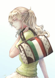 Rule 34 | 1girl, alternate costume, bag, blonde hair, braid, brown eyes, casual, from side, gradient background, green shirt, hair between eyes, highres, holding, holding bag, italian flag, kantai collection, long hair, looking afar, millipen (medium), parted lips, shirt, short sleeves, side braid, signature, simple background, skirt, smile, solo, tesun (g noh), traditional media, watercolor pencil (medium), wavy hair, zara (kancolle)
