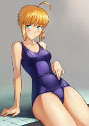 Rule 34 | 1girl, ahoge, alternate costume, artoria pendragon (all), artoria pendragon (fate), blonde hair, blue one-piece swimsuit, breasts, collarbone, cowboy shot, fate/grand order, fate/stay night, fate (series), green eyes, hair bun, highres, looking at viewer, one-piece swimsuit, saber (fate), school swimsuit, shinsaku (stan-art), single hair bun, sitting, small breasts, solo, swimsuit