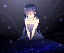 Rule 34 | 1girl, 3:, between legs, blue dress, blue hair, blurry, blush, closed mouth, depth of field, dress, hair between eyes, half-closed eyes, hand between legs, hatsune miku, highres, long hair, looking at viewer, manatsuki manata, paranoia (vocaloid), purple eyes, sitting, solo, starry sky print, twintails, very long hair, vocaloid