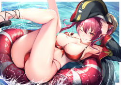 Rule 34 | 1girl, 8gou, ;d, afloat, armpits, arrow through heart, ass, bare legs, bare shoulders, bikini, black footwear, black hat, blush, breasts, cleavage, epaulettes, grin, hand on own chest, hat, hololive, houshou marine, innertube, large breasts, legs up, long hair, long sleeves, looking at viewer, lying, o-ring, o-ring bikini, off shoulder, on back, one eye closed, open mouth, pirate hat, purple hair, red bikini, red eyes, sandals, skindentation, smile, solo, swim ring, swimsuit, teeth, thighs, twintails, v-shaped eyebrows, virtual youtuber, water