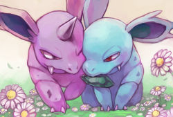 Rule 34 | claws, couple, creature, creatures (company), evolutionary stone, eye contact, flower, full body, game freak, gen 1 pokemon, grass, hetero, horns, looking at another, moon stone, mouth hold, nidorina, nidorino, nintendo, no humans, pokemon, pokemon (creature), polyacryla, purple eyes, red eyes, single horn