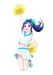 Rule 34 | 1girl, 9ma bot, :d, arm behind back, arm up, armpits, blue hair, blush, bow, cheerleader, collarbone, full body, green bow, hair bow, high ponytail, highres, jumping, long hair, love live!, love live! school idol festival, love live! sunshine!!, matsuura kanan, midriff, miniskirt, navel, open mouth, parted bangs, pleated skirt, pom pom (cheerleading), purple eyes, shirt, shoes, simple background, skirt, sleeveless, sleeveless shirt, smile, sneakers, solo, stomach, white background, white shirt, white skirt