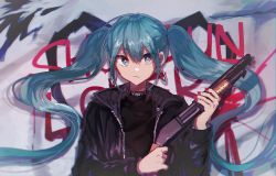 Rule 34 | &gt;:(, 1girl, against wall, alternate costume, black jacket, black shirt, blue eyes, closed mouth, clothes writing, commentary request, danjou sora, earrings, graffiti, gun, hair between eyes, hatsune miku, holding, holding gun, holding weapon, hoop earrings, jacket, jewelry, long hair, long sleeves, nail polish, open clothes, open jacket, pink nails, shirt, shotgun, sidelocks, solo, twintails, unzipped, v-shaped eyebrows, very long hair, vocaloid, weapon