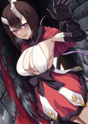 Rule 34 | 1girl, :d, bare shoulders, black bra, blood, blunt bangs, bob cut, bow, bra, bra peek, breasts, broken horn, capelet, cleavage, demon girl, demon horns, dress, elbow gloves, eriko (princess connect!), fur trim, gloves, half-closed eyes, hand up, heavy breathing, highres, holding, holding weapon, horns, large breasts, looking at viewer, oni horns, open mouth, princess connect!, purple eyes, rororo, shaded face, short hair, sideboob, smile, solo, standing, symbol-shaped pupils, underwear, waist bow, weapon, yandere