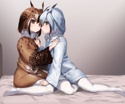 Rule 34 | 2girls, brown eyes, brown hair, coat, eurasian eagle owl (kemono friends), face-to-face, fur collar, grey hair, hair between eyes, hand on another&#039;s shoulder, hand on another&#039;s thigh, head wings, kemono friends, long sleeves, multicolored hair, multiple girls, no shoes, northern white-faced owl (kemono friends), on bed, pantyhose, parted lips, short hair, sitting, tadano magu, white legwear, wide sleeves, wings, yellow eyes, yokozuwari, yuri