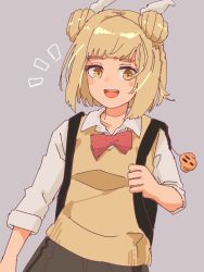 Rule 34 | 1girl, :d, backpack, bag, black skirt, blonde hair, blush, bow, bowtie, collarbone, collared shirt, commentary request, double bun, dutch angle, grey background, hair bun, haniwa (statue), highres, holding strap, joutouguu mayumi, long sleeves, looking at viewer, notice lines, open mouth, red bow, red bowtie, shirt, short hair, simple background, skirt, smile, solo, teeth, touhou, upper teeth only, vest, wasabisuke, white shirt, yellow eyes, yellow vest