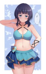 Rule 34 | 1girl, arm behind back, arm up, armband, asaka karin, bare shoulders, bikini, black hair, blue background, blue bikini, blue eyes, blush, border, breasts, cleavage, collarbone, commentary request, cowboy shot, frilled bikini, frills, frown, gold trim, hand in own hair, large breasts, looking at viewer, love live!, love live! nijigasaki high school idol club, medium hair, mole, mole on collarbone, navel, o-ring, o-ring top, reminiscence202, simple background, solo, speech bubble, stomach, swimsuit, thighs, translated, two-tone bikini