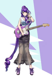 Rule 34 | 1girl, absurdly long hair, bad id, bad pixiv id, black skirt, blue hair, brown eyes, collarbone, full body, hair over shoulder, highres, holding, holding instrument, instrument, long hair, long skirt, looking to the side, macross, macross delta, mikumo guynemer, multicolored hair, print shirt, purple hair, see-through silhouette, shimatani azu, shirt, shoes, short sleeves, skirt, sneakers, solo, standing, streaked hair, very long hair, watch, white shirt, wristwatch