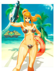 Rule 34 | 1girl, arm cannon, armpits, beach, blonde hair, blurry, breasts, creature on chest, day, depth of field, genzoman, hand on own hip, innertube, looking at viewer, medium breasts, metroid, metroid (creature), navel, nintendo, nude, ocean, outdoors, palm tree, ponytail, samus aran, smile, solo, spacecraft, stomach, swim ring, thigh gap, tree, weapon