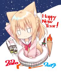 Rule 34 | &gt;:), 1girl, 2019, 2020, animal ear fluff, animal ears, arm up, bow, chibi, closed mouth, commentary request, fire, hair between eyes, hair bow, happy new year, highres, jacket, light brown hair, long hair, long sleeves, nakkar, new year, open clothes, open jacket, original, outstretched arm, pink jacket, ponytail, red bow, sailor collar, shirt, smile, solo, tail, torch, train, train station, v-shaped eyebrows, white bow, white sailor collar, yellow shirt