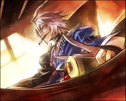 Rule 34 | 1boy, bow, brush, buckle, choker, glasses, kozou (soumuden), long sleeves, looking at viewer, male focus, morichika rinnosuke, parchment, puffy sleeves, short hair, silver hair, solo, touhou, v, wide sleeves, window, yellow eyes