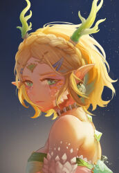 Rule 34 | 1girl, absurdres, bare shoulders, blonde hair, blue background, braid, breasts, closed mouth, collar, crown braid, crying, crying with eyes open, earrings, forehead jewel, from side, gradient background, green eyes, highres, horns, jewelry, light dragon (zelda), light particles, looking at viewer, looking to the side, medium breasts, nintendo, pointy ears, princess zelda, short hair, solo, sqh510, tears, the legend of zelda, the legend of zelda: tears of the kingdom, upper body
