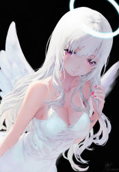 Rule 34 | 1girl, angel, angel wings, arm at side, bare shoulders, black background, blush, breasts, cleavage, closed mouth, collarbone, dated, dress, feathered wings, hair between eyes, halo, haori io, highres, holding, holding own hair, long hair, looking at viewer, medium breasts, nail polish, original, pink eyes, pink nails, sidelocks, signature, simple background, sleeveless, sleeveless dress, smile, solo, wavy hair, white dress, white hair, white theme, white wings, wings