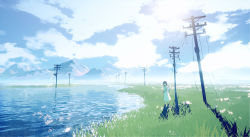 Rule 34 | 1girl, absurdres, black eyes, black hair, bouquet, closed mouth, cloud, cloudy sky, collarbone, commentary, dress, flower, grass, highres, holding, holding bouquet, lake, long hair, looking at viewer, maionese, mountainous horizon, original, outdoors, power lines, revision, scenery, sidelocks, sky, solo, standing, utility pole, water, white dress, white flower, wide shot