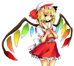 Rule 34 | 1girl, ascot, bad id, bad pixiv id, colorized, cowboy shot, female focus, flandre scarlet, hat, interlocked fingers, miniskirt, mob cap, own hands clasped, own hands together, simple background, skirt, solo, touhou, tsukineko (chatnoir65), white background, wings, yellow ascot