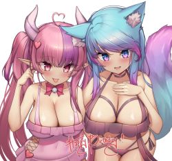 Rule 34 | !, 2girls, ahoge, animal ears, bare shoulders, bell, blue hair, blush, bow, bowtie, breasts, choker, collarbone, commentary, cowboy shot, demon girl, demon horns, english commentary, hair between eyes, happy birthday, heart, highres, horns, ironmouse, ironmouse (swimsuit), kaptivate, large breasts, long hair, looking at viewer, multicolored hair, multiple girls, navel, neck bell, open mouth, pink eyes, pink hair, pointy ears, purple hair, second-party source, silvervale, silvervale (5th costume), simple background, sleeveless, tail, teeth, tongue, tongue out, twintails, two-tone hair, virtual youtuber, vshojo, white background, wolf ears, wolf girl, wolf tail