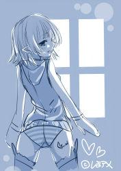 Rule 34 | 1girl, blue theme, blush, elf, from behind, heart, highres, looking back, monochrome, original, panties, pointy ears, sei000, short hair, sketch, smile, solo, striped clothes, striped panties, thighhighs, underwear