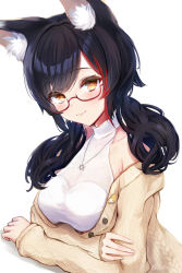 Rule 34 | 1girl, animal ear fluff, animal ears, arms under breasts, bare shoulders, black hair, blush, breast rest, breasts, brown cardigan, cardigan, cleavage, closed mouth, collarbone, commentary request, crossed arms, fang, fang out, fingernails, glasses, highres, hololive, jewelry, light smile, long hair, looking at viewer, low twintails, medium breasts, multicolored hair, necklace, off shoulder, official alternate costume, official alternate hair length, official alternate hairstyle, ookami mio, ookami mio (street), raised eyebrows, red-framed eyewear, red hair, semi-rimless eyewear, seta (seta105), shirt, simple background, skin fang, sleeveless, sleeveless shirt, solo, streaked hair, swept bangs, twintails, twitter username, virtual youtuber, white background, white shirt, wolf ears, wolf girl, yellow eyes